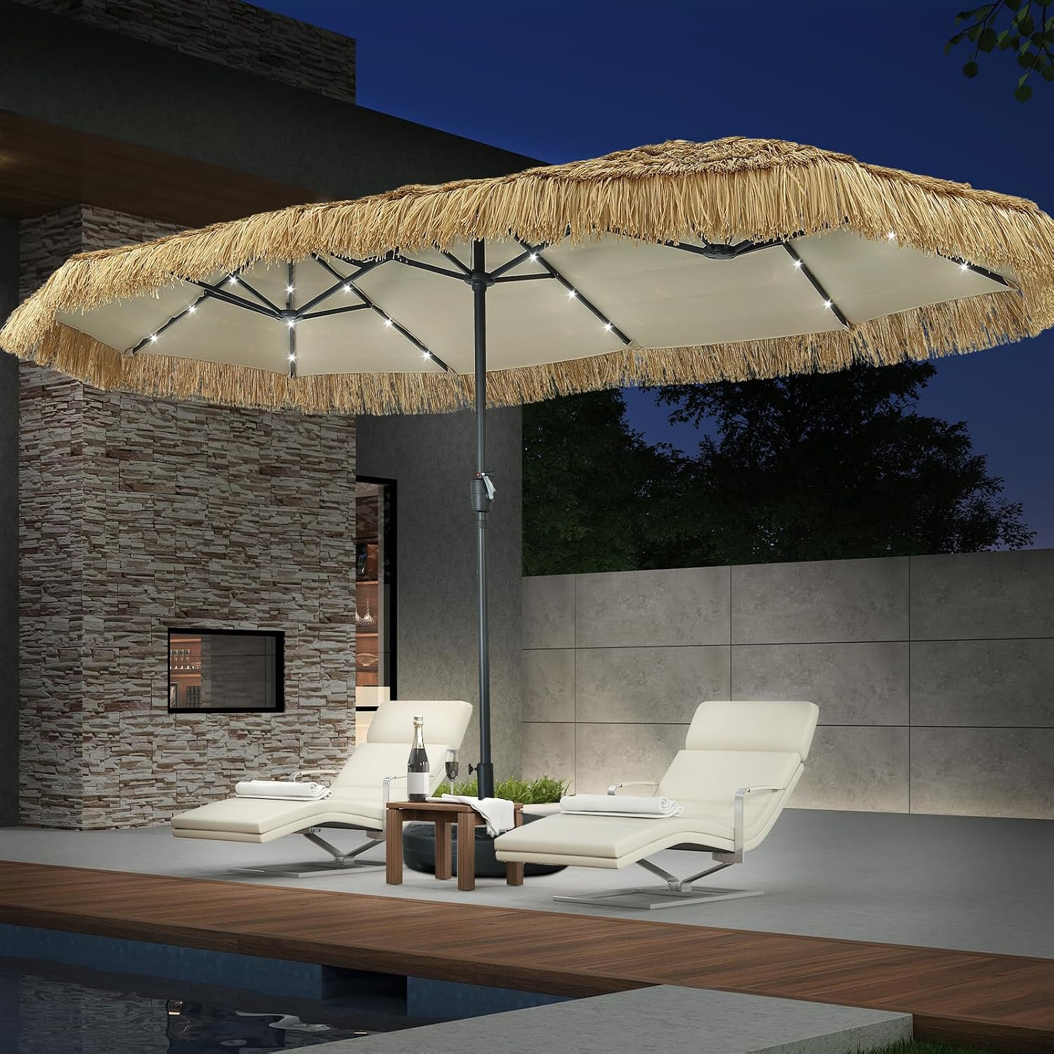 Outdoor Furniture With Umbrella - 13ft Thatch Umbrella with Solar Lights