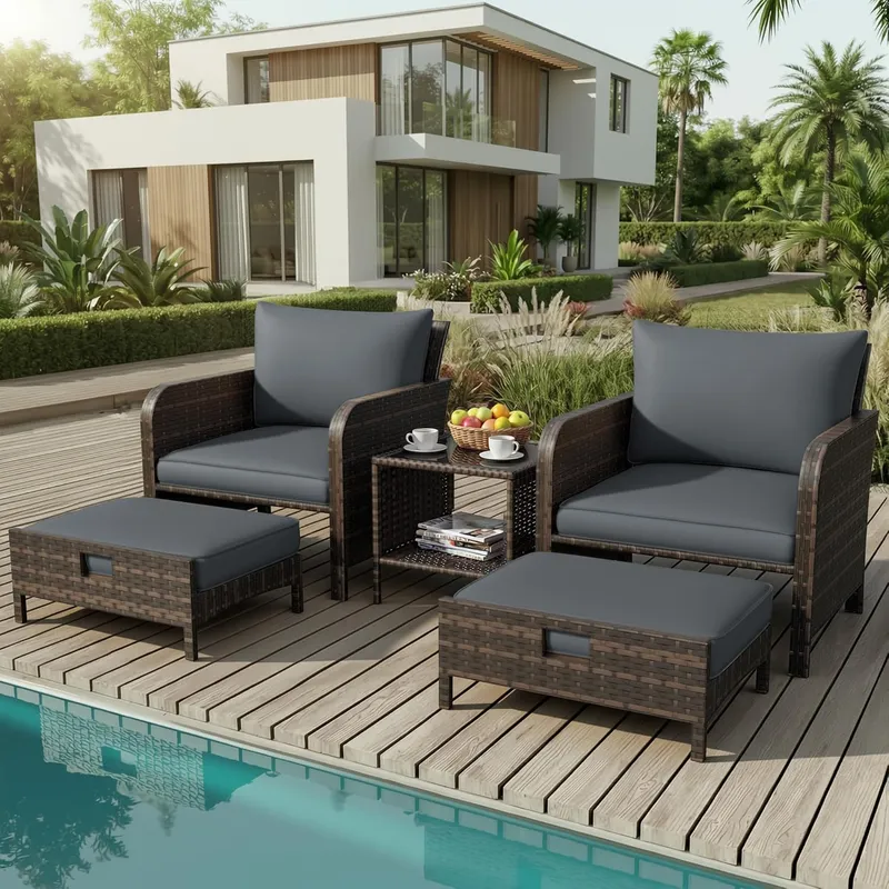 Rattan Lounge Set - Patio Conversation Set 5 Piece Balcony